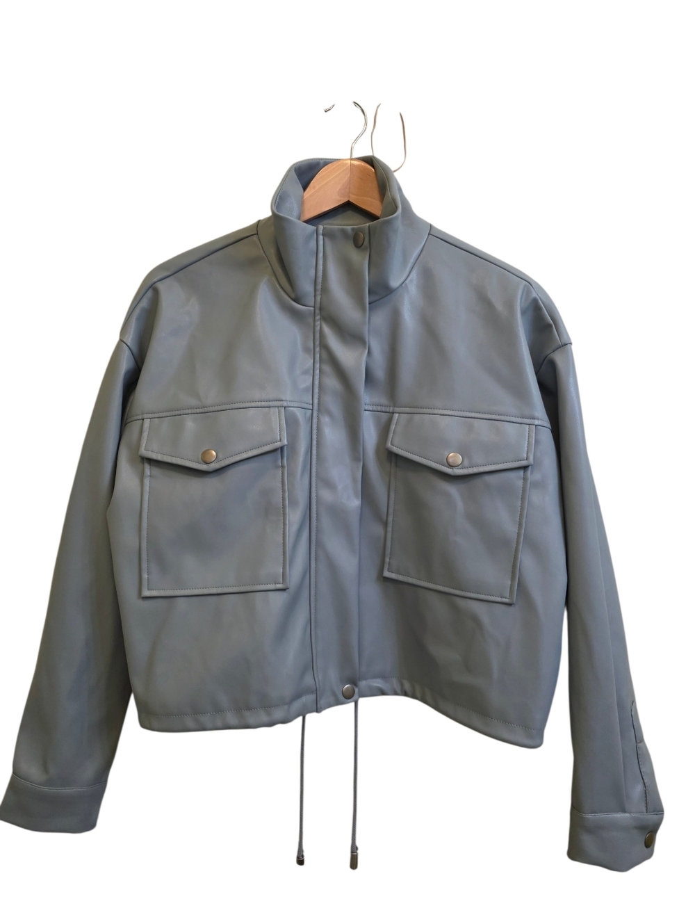 T Tahari Blue Faux Leather Stand-Up Collar Boxy Jacket Drawstring Waist Sz S EUC